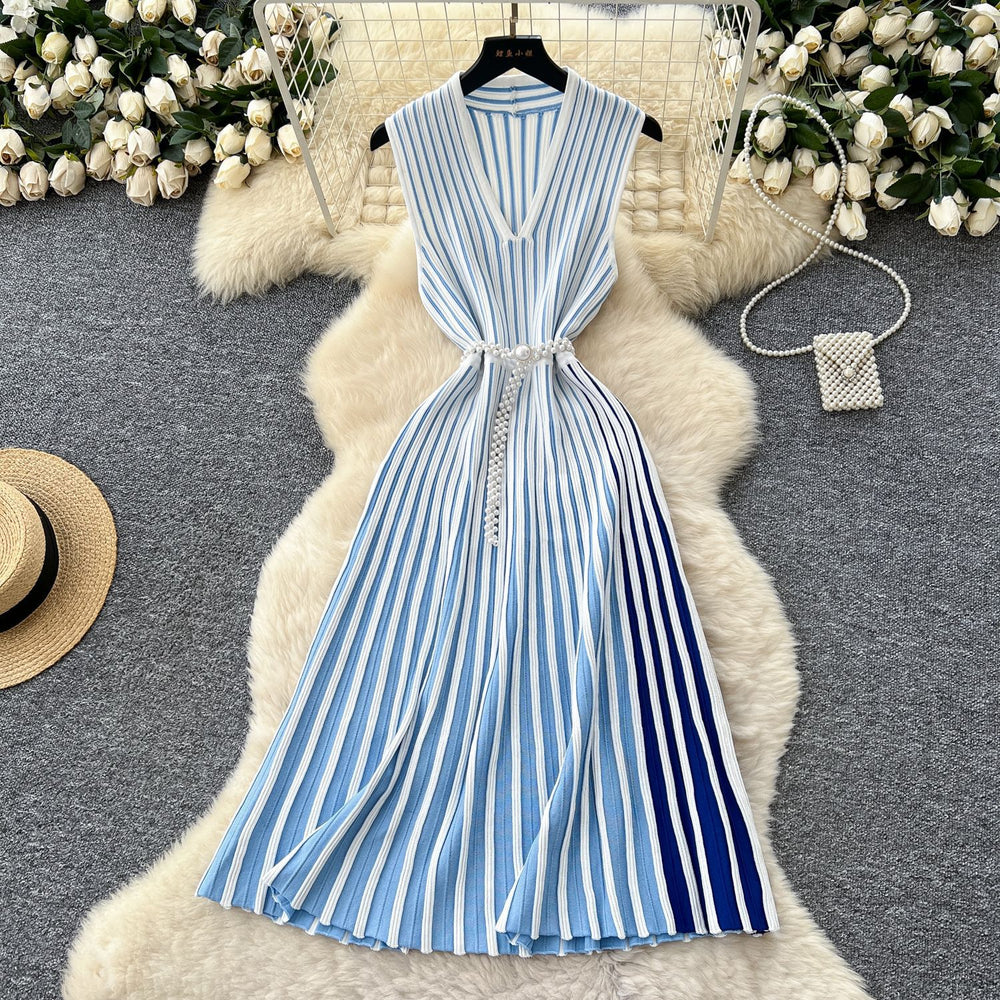 European and american style sleeveless knitted striped dress - women's summer asymmetrical neck belted midi dress - mature and chic