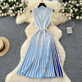 European and american style sleeveless knitted striped dress - women's summer asymmetrical neck belted midi dress - mature and chic