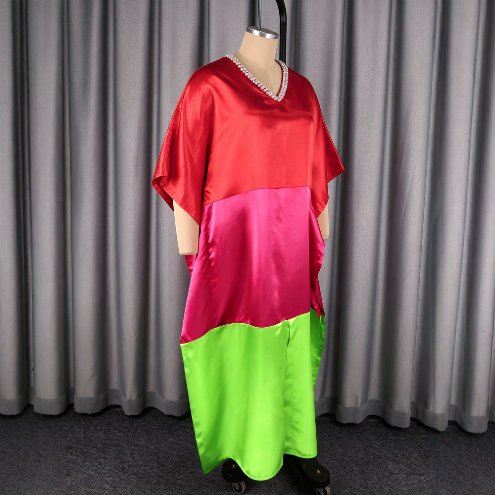 new arrival african party dress v neck pearl decoration bat sleeve contrast colorsatin robe dresses