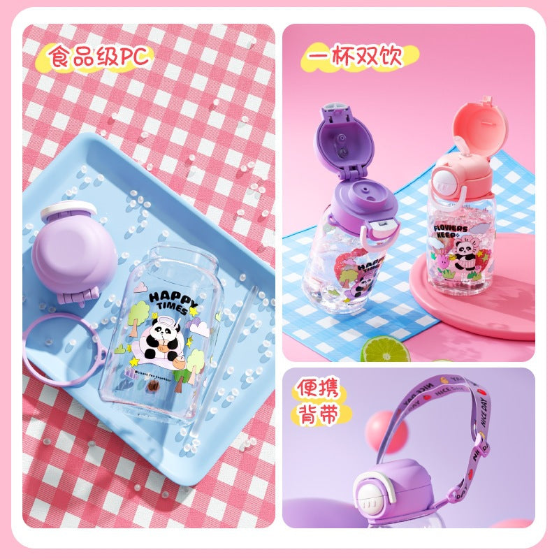 Cartoon panda kids water bottle, plastic cup, student food-grade double-drink straw cup with strap, portable water bottle, large capacity