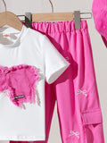 European and american autumn cross-border exclusive: girls' appliqué embroidered top and cargo pants two-piece set