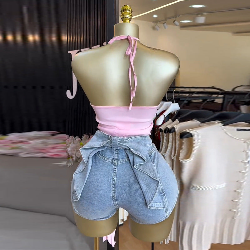 European and american women's clothing  summer sweet and fresh halter neck tube top slimming irregular hem women's blouse