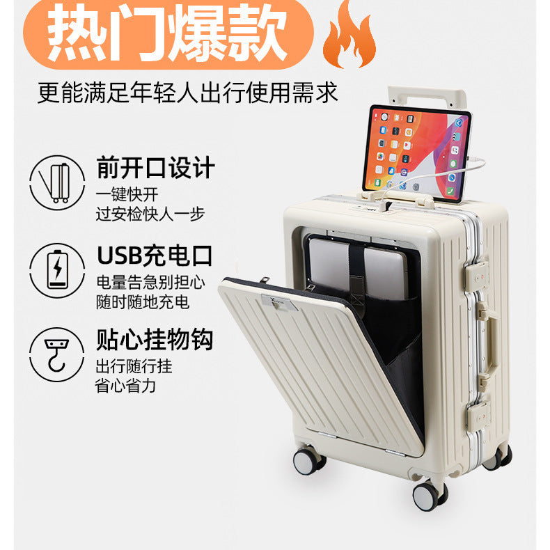 20-Inch aluminum frame front open suitcase women's small, lightweight and multi-functional charging travel trolley case password box