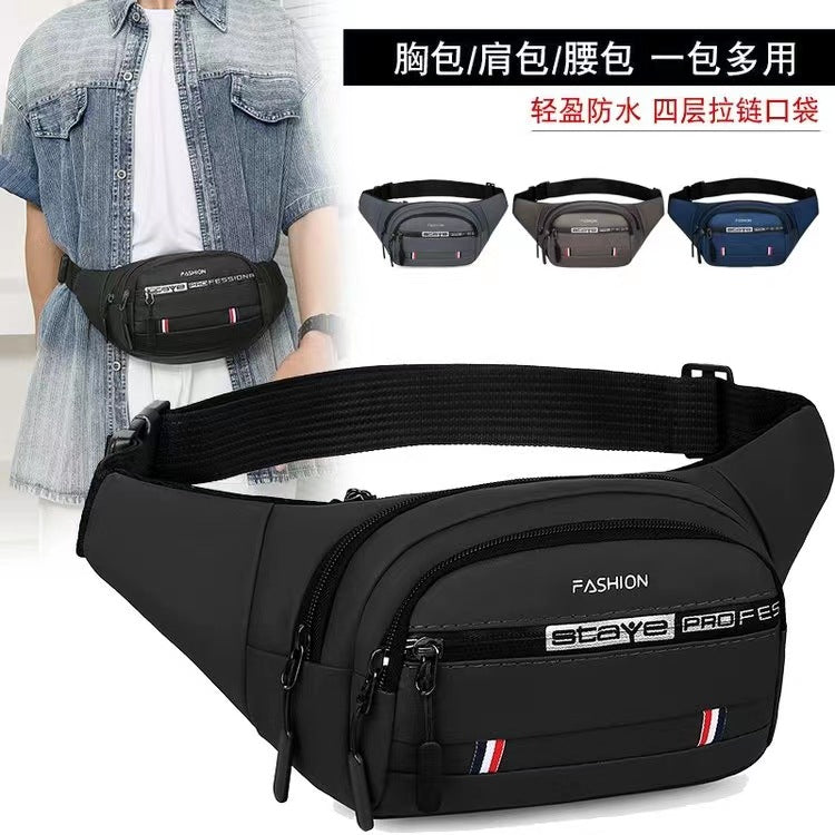 Four-layer fanny pack men's and women's leather film waterproof large-capacity multi-functional messenger mobile phone fanny pack wear-resistant outdoor sports bag