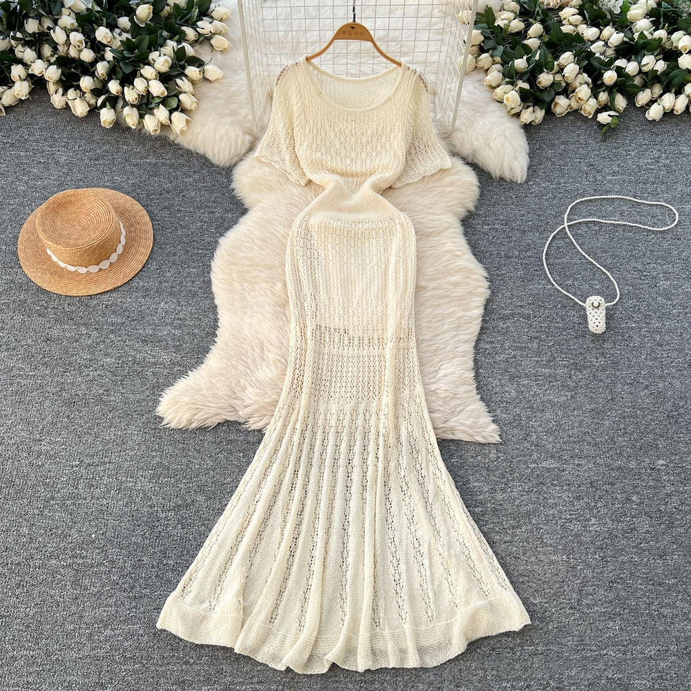 Korean style women's vacation outfit: gentle and chic crochet knit short-sleeve cardigan dress + camisole slip dress