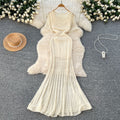 Korean style women's vacation outfit: gentle and chic crochet knit short-sleeve cardigan dress + camisole slip dress