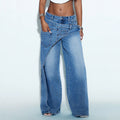 Fashionjeans women's double-layer cross waist loose pants washed stylishsense of designhigh waistmop denim pants