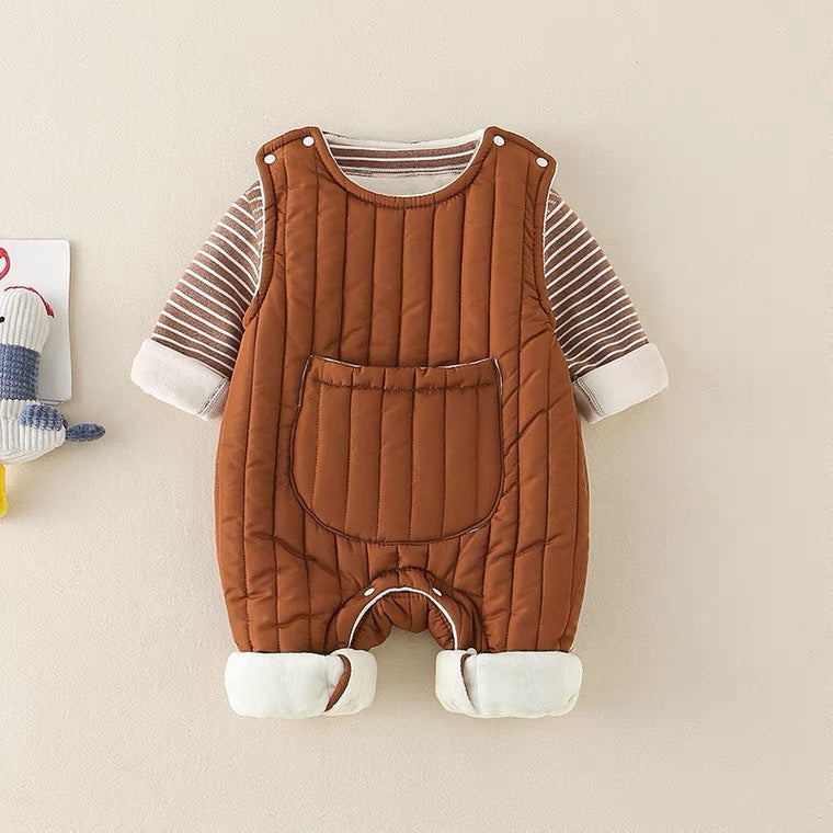 Autumn winterk-style men's and women's baby fleece-lined outing long sleevestwo-piece set khaki newborn home heattech crawling suit