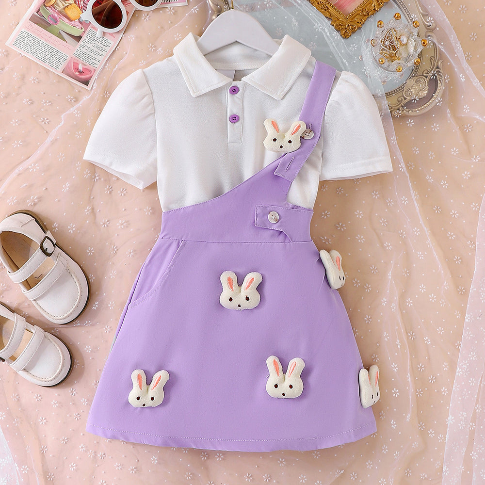 Children's clothing white tops + purple suspender skirt short-sleeved shirt with cute rabbit suspenders