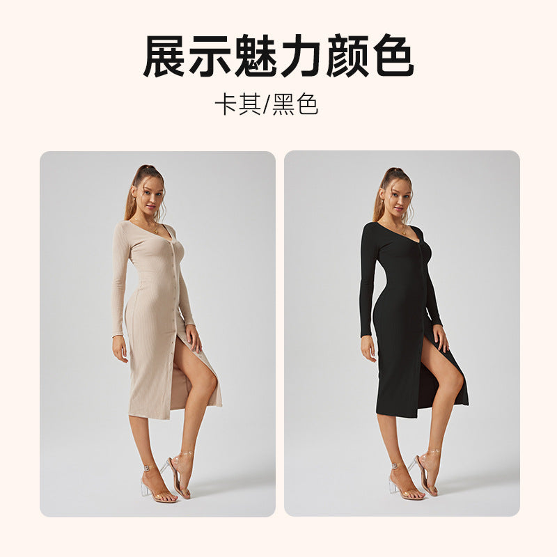 French chic, elegant, and feminine yoga dress - long sleeve v-neck, soft, sexy, bodycon fitness dress for autumn and winter