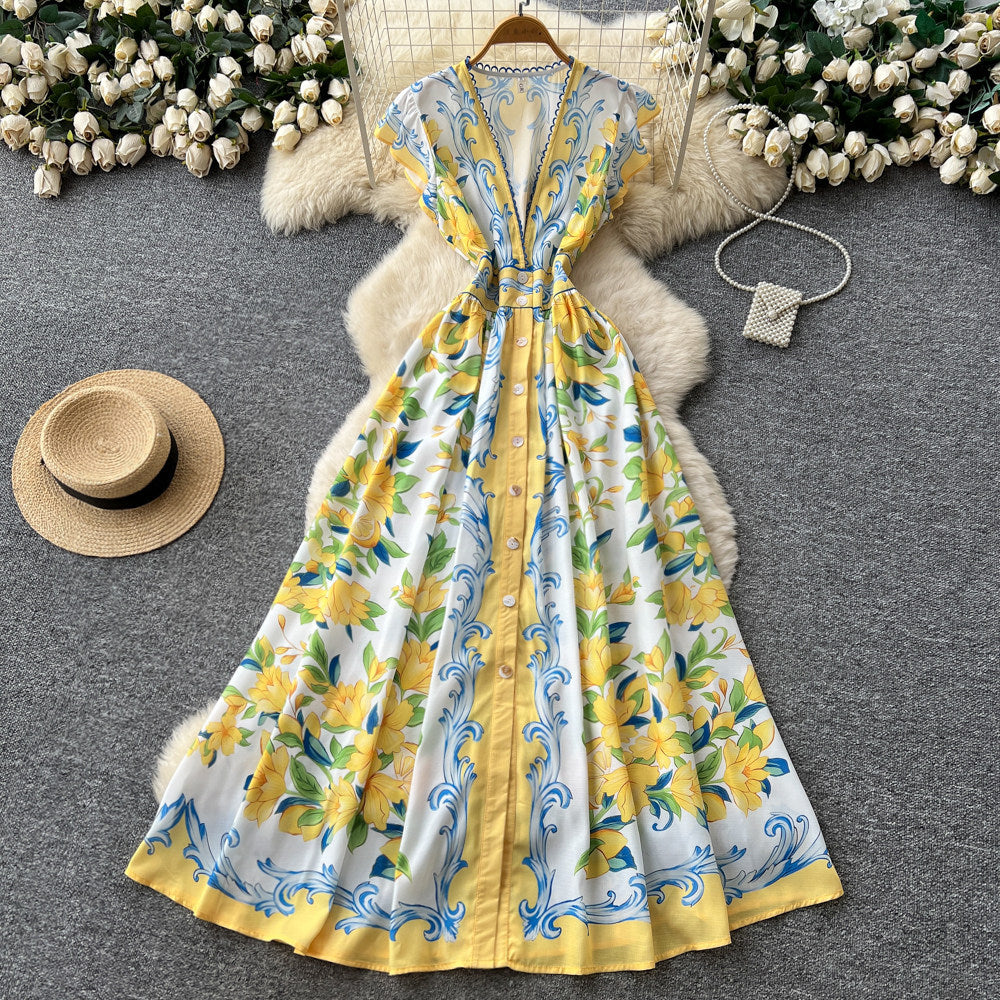 Luxury blue and white porcelain style v-neck sleeveless printed dress - women's new summer collection, slimming a-line maxi dress, elegant