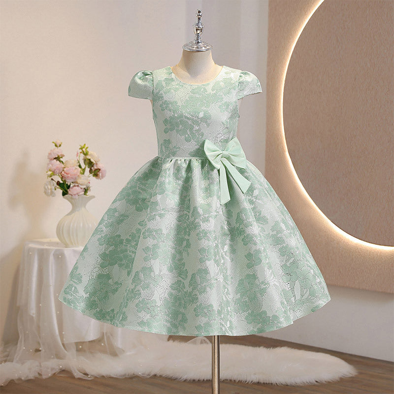 Girls' gold-threaded short-sleeve birthday & first birthday dress - stylish princess gown for kids' parties & performances - in stock
