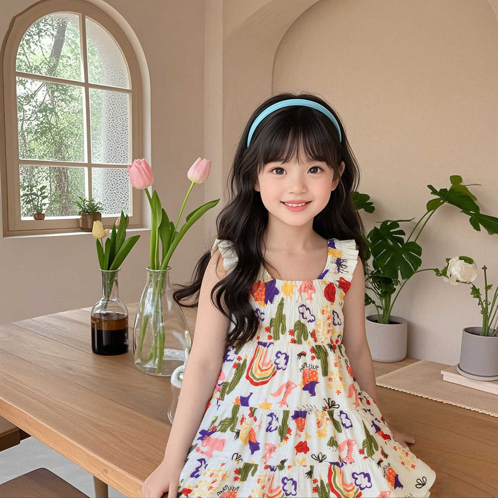 Kids suspender lacedress cake skirt summer thin cotton silk skirt little girl flying sleeve style floral skirt