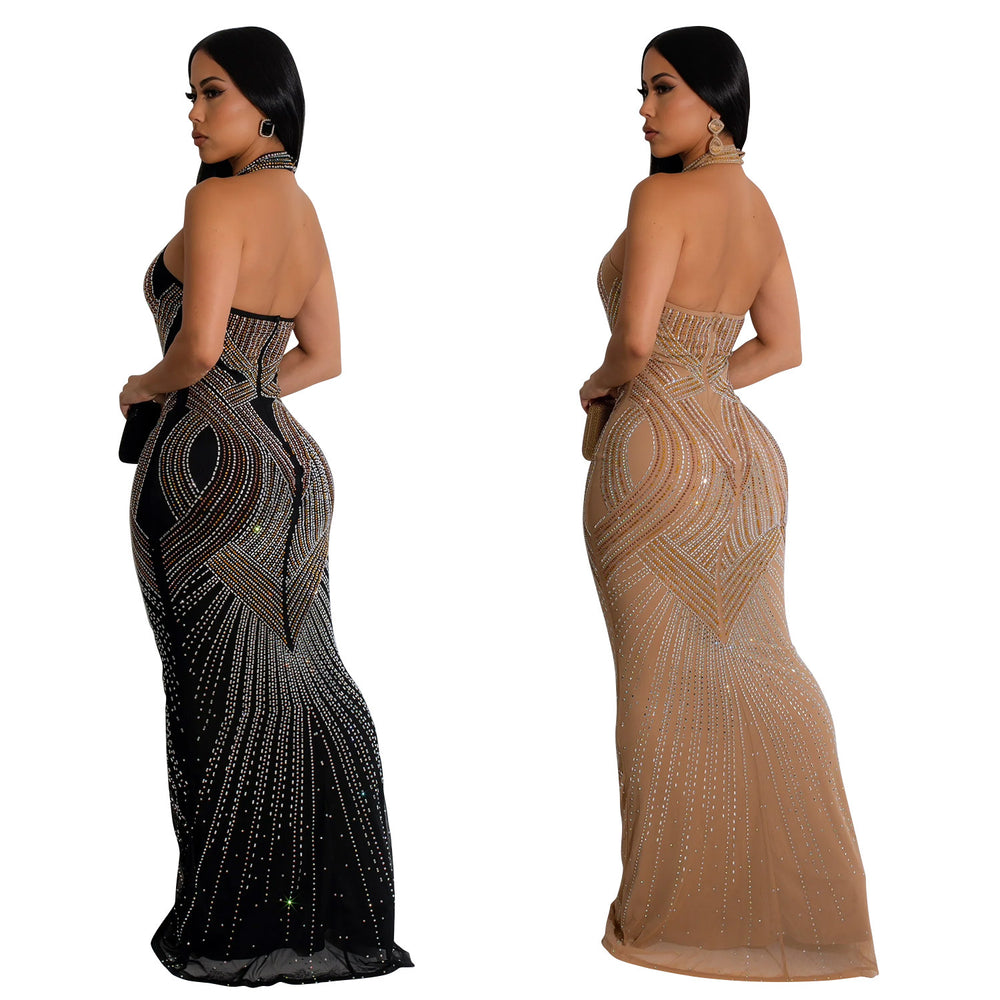 C6811 cross-border   fashion women's solid color mesh rhinestone halter maxi dress
