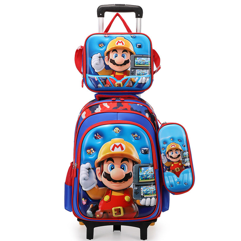 New arrival concave and convex leather primary school student pull rod school bag for grades 3 to 6 kids cartoon three-piece set backpack in stock