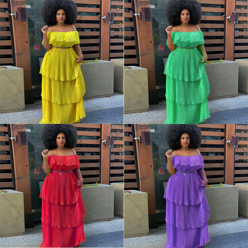 cross-border yellow chiffon one-shoulder backless bodycon beach vacation pleated maxi dress