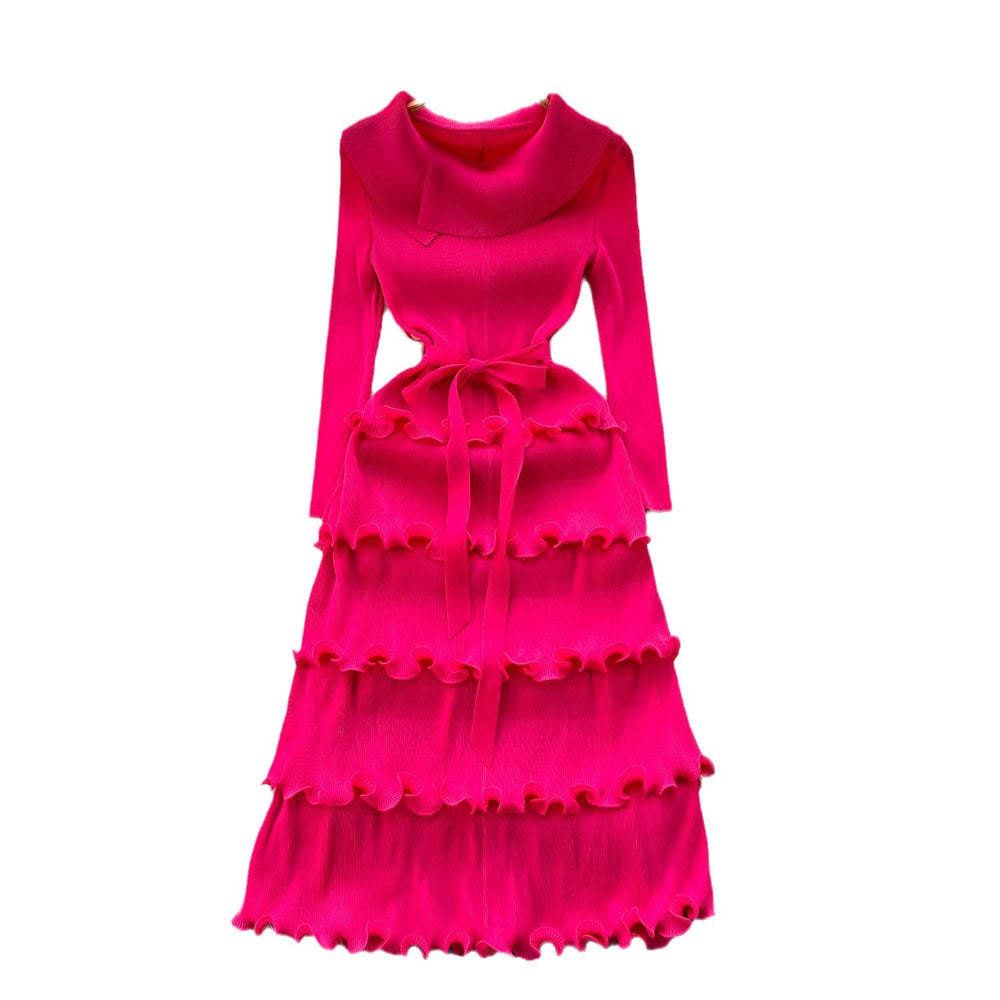 Miya pleated premium niche european & american retro collar tie-waist ruffle hem pleated elegant dress for women