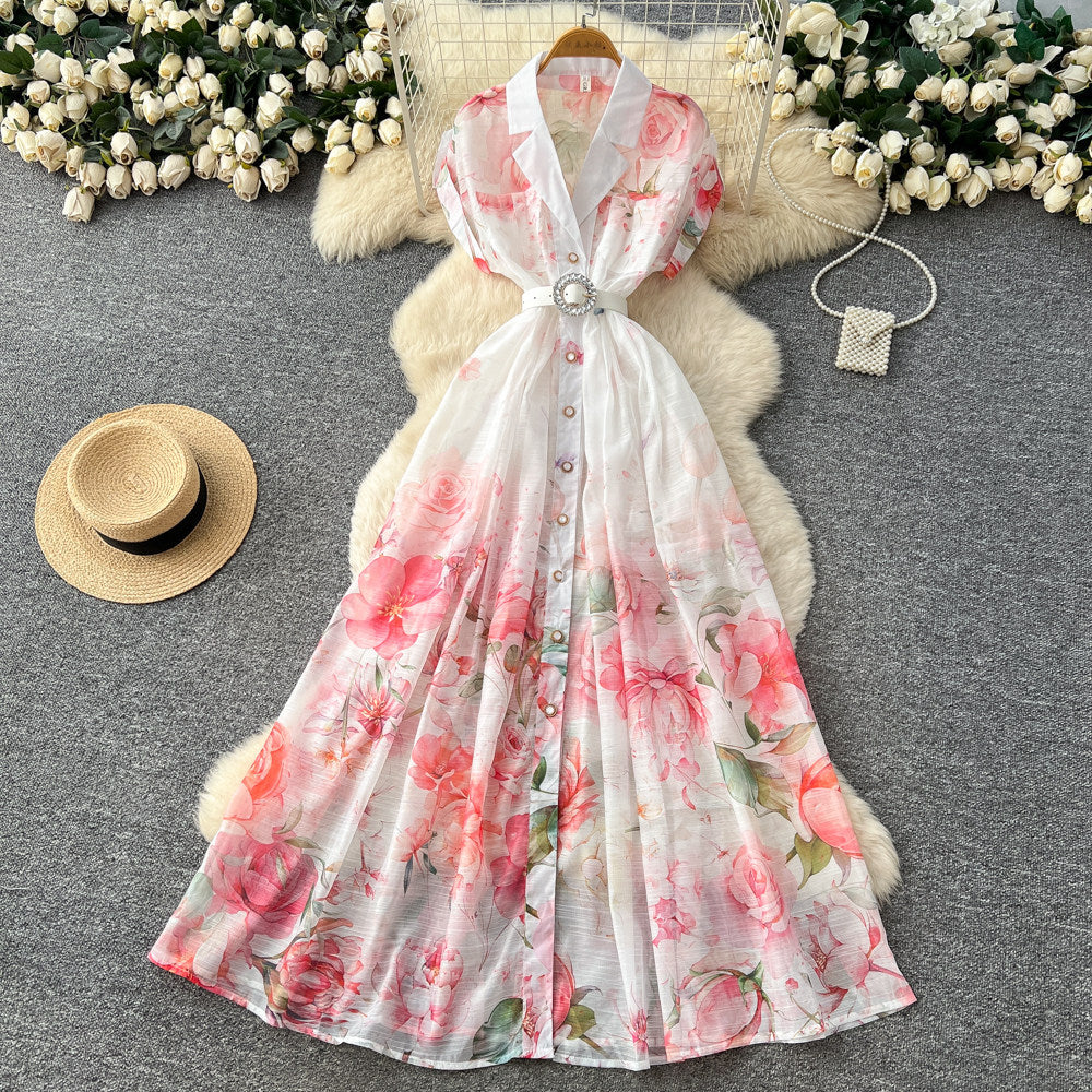 French country style printed sleeveless dress - women's summer korean high-waisted slimming a-line maxi dress - elegant commute dress