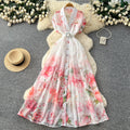 French country style printed sleeveless dress - women's summer korean high-waisted slimming a-line maxi dress - elegant commute dress