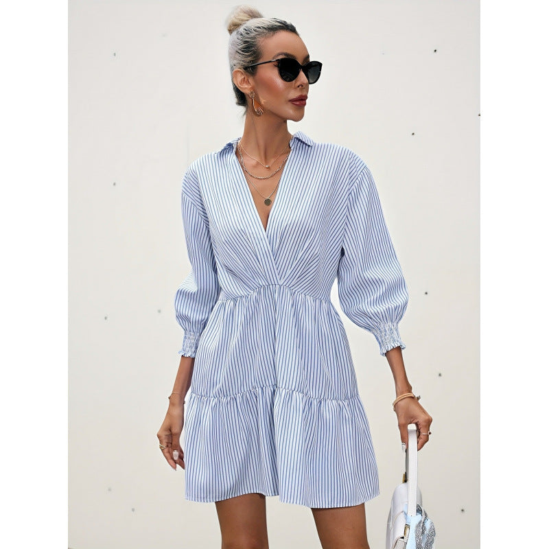 code new arrival  original women's elegancestripes lapel ruffles hem a-line skirt