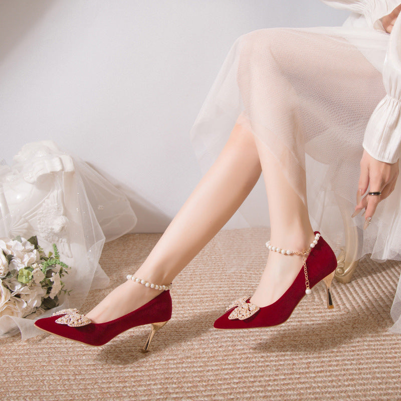 Stunning strappy wedding shoes for women, 2024 new collection, high-end xiuhe dress bridal shoes, comfortable red high heels