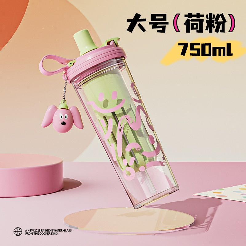 High-style summer double-walled water bottle, large capacity cartoon plastic straw cup, student and children's insulated water bottle with tea infuser, wholesale
