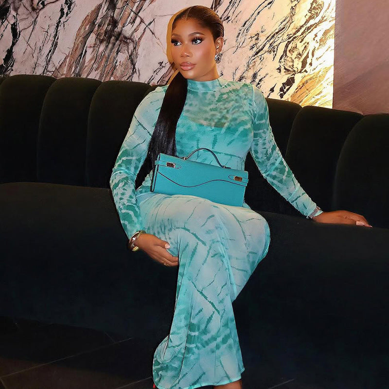 European and american style cross-border printed mesh women's dress - fitted waist, bodycon, high neck, fashionable long sleeve, elegant maxi dress