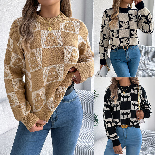 Real shot 2025 autumn and winter European and American Halloween plaid lantern long-sleeved pullover sweater,   women's clothing