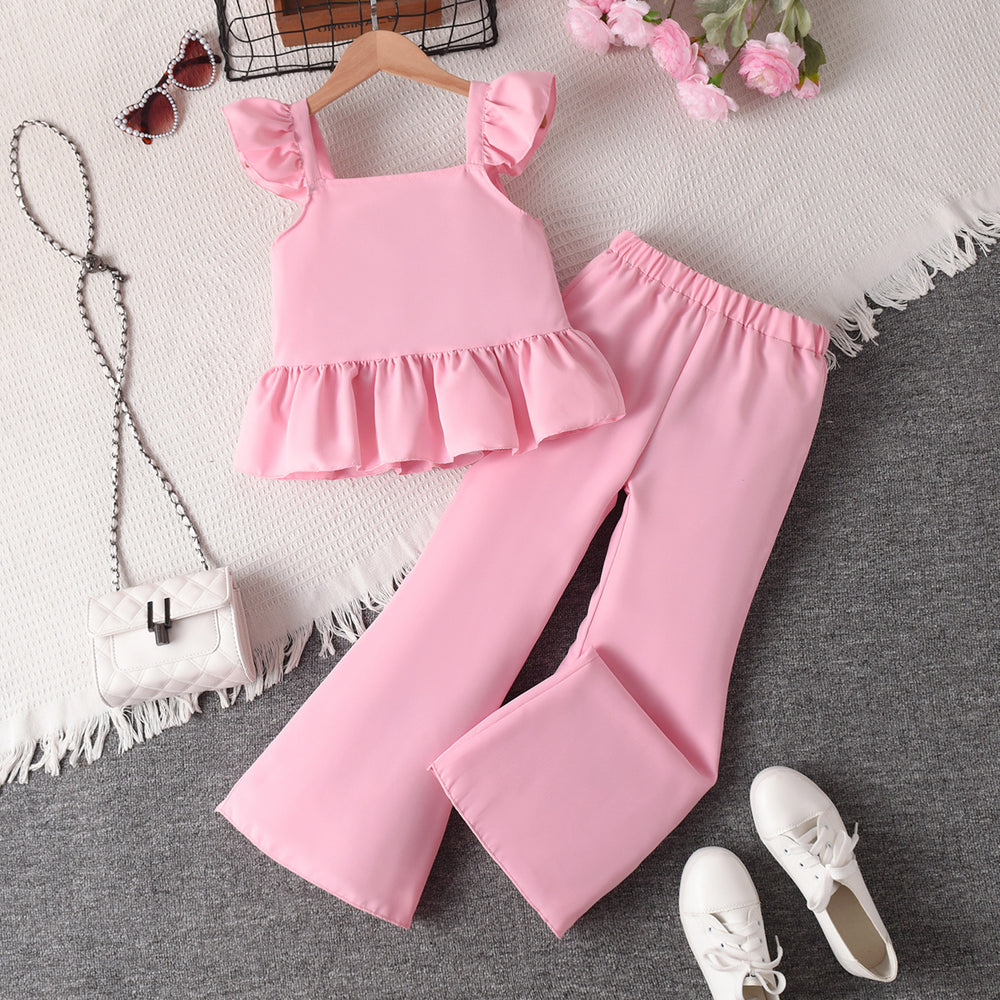 cross-border girls' pink vest & flutter sleeve top with lace-trimmed flare pants two-piece set