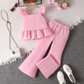 cross-border girls' pink vest & flutter sleeve top with lace-trimmed flare pants two-piece set