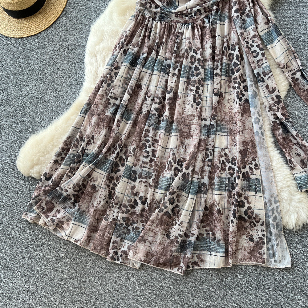 Classy atmosphere retro leopard print patchwork slit suspender dress women's high waist strap long skirt niche stylesummer