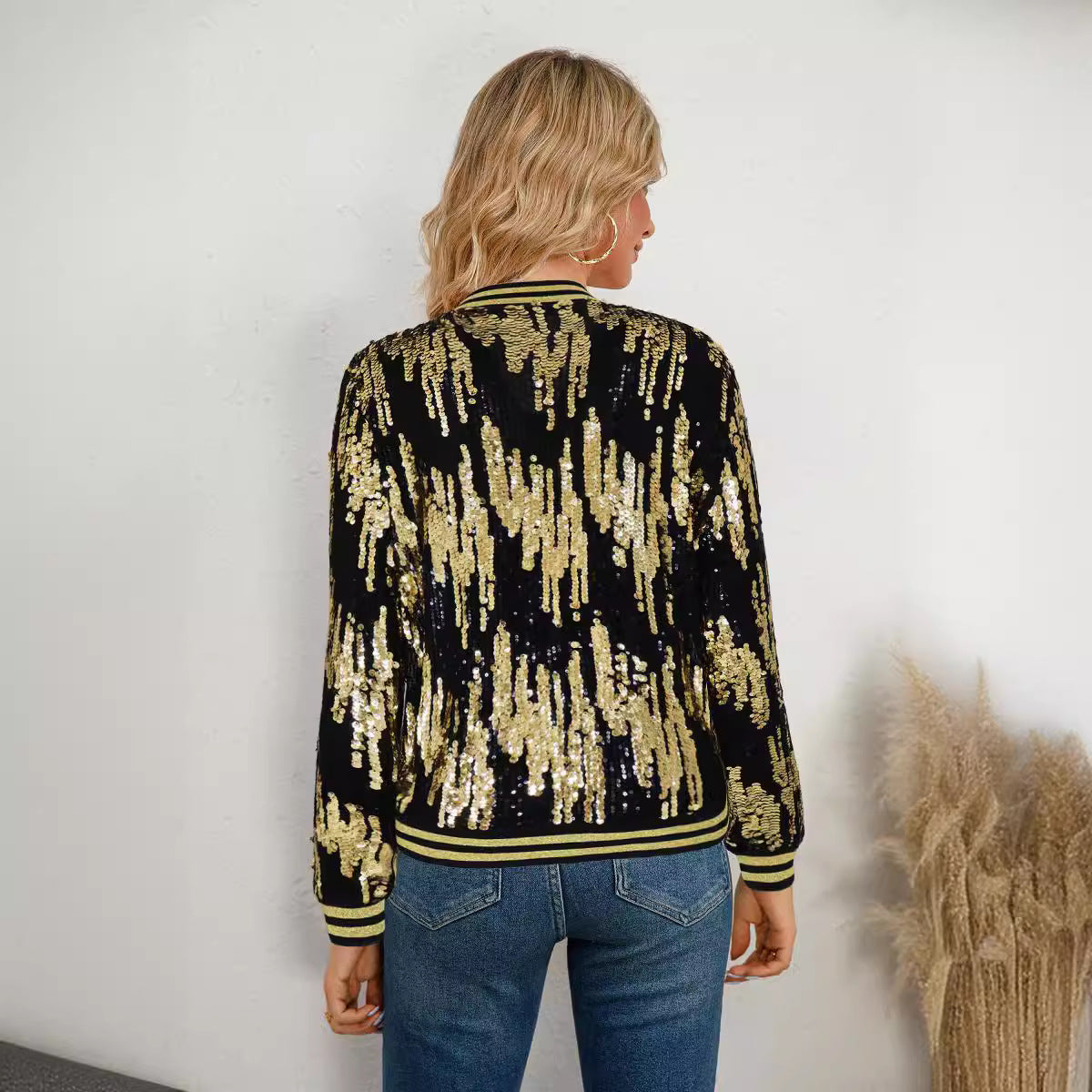 10394 Cross-border European and American  women's clothing autumn and winter baseball clothing fashion casual sequins decorative slim jacket