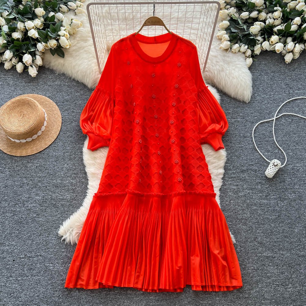 European and american fashion heavy beaded lantern sleeve loose pleated dress women's  autumn casual high-end long dress