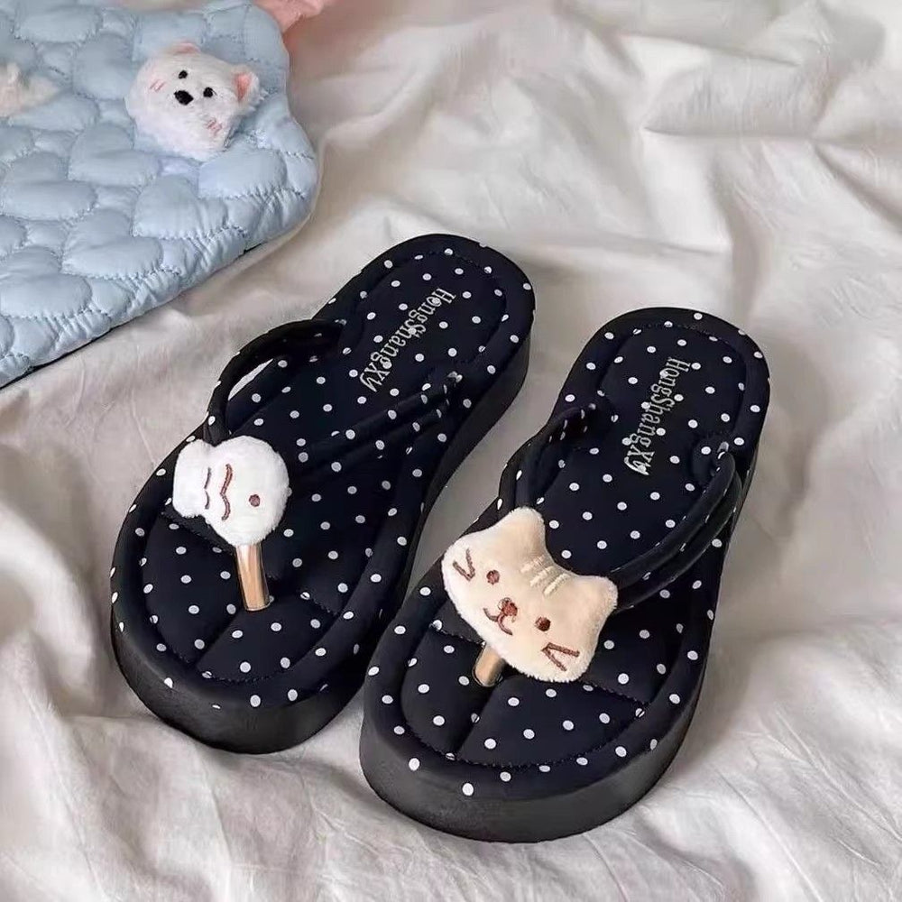 Kitten polka dot flip-flops outwear sandals new arrivalinsfashionthick sole flip-flops korean style home slippers for women