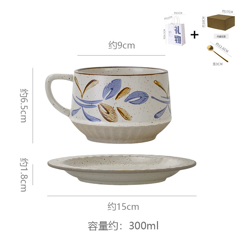 Vintage rustic pottery coffee cup and saucer set - hand-painted underglaze ceramic coffee cup - premium drinking cup - birthday & housewarming gift