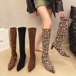 High-heeled women's boots, pointed toe, leopard print, over-the-knee boots, slimming look, elastic boots, fashioneasiest for match long boots, cross-border