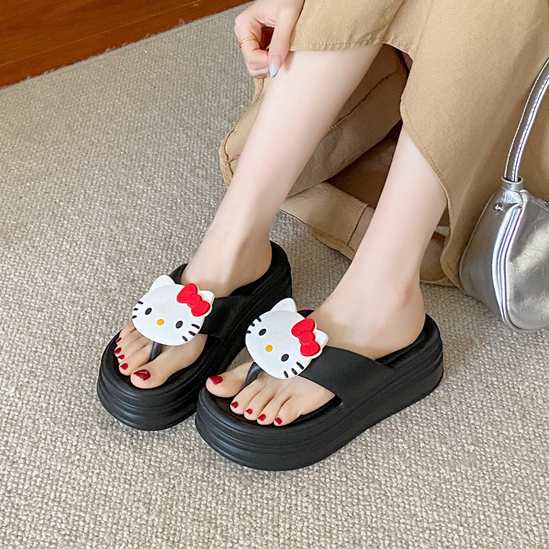 Cute hello kitty flip-flops for women, new thick-soled platform wedge sandals, women's summer slippers, height-increasing shoes