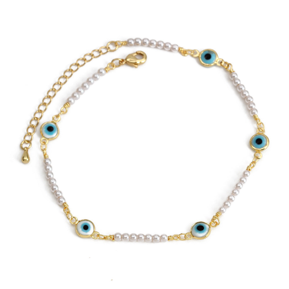 European and american cross-border new jewelry enamel eye pearl anklet - irregular fashion minimalist devil's eye anklet for women