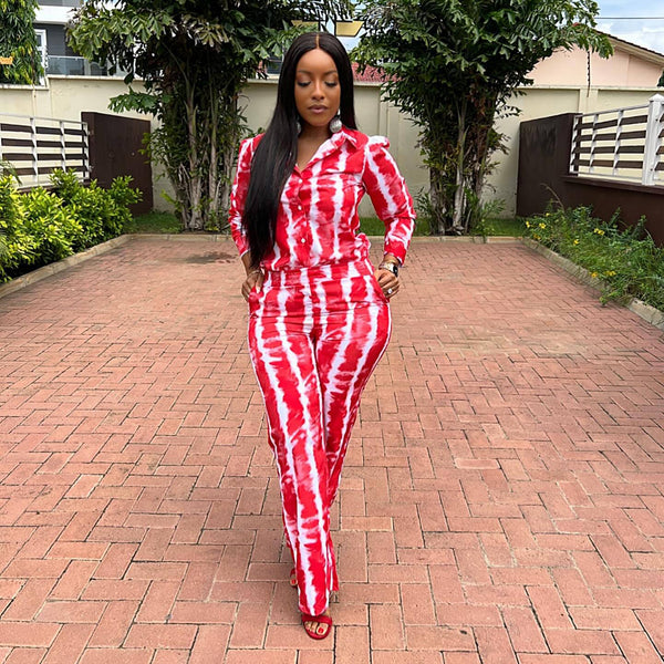 European and American fashion lapel long-sleeved shirt top casual trousers African foreign style women's clothing printed new two-piece set women