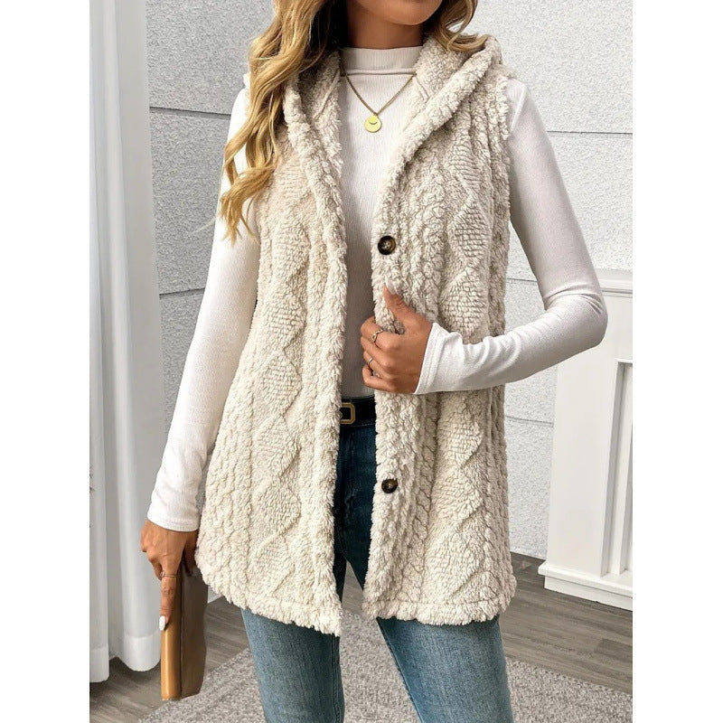Europe and the United States   hot-selling explosion solid color double-sided plush hooded button cardigan casual women's autumn and winter vest