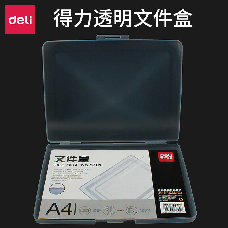 Deli file box 5701 transparent PP file storage box A4 data box, for office and study, portable and moisture-proof