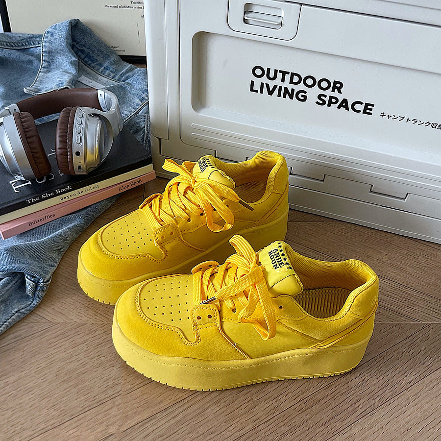 2026 spring/summer new arrival: citrus yellow chunky sole lace-up sneakers - women's collegiate style round toe versatile height increasing shoes
