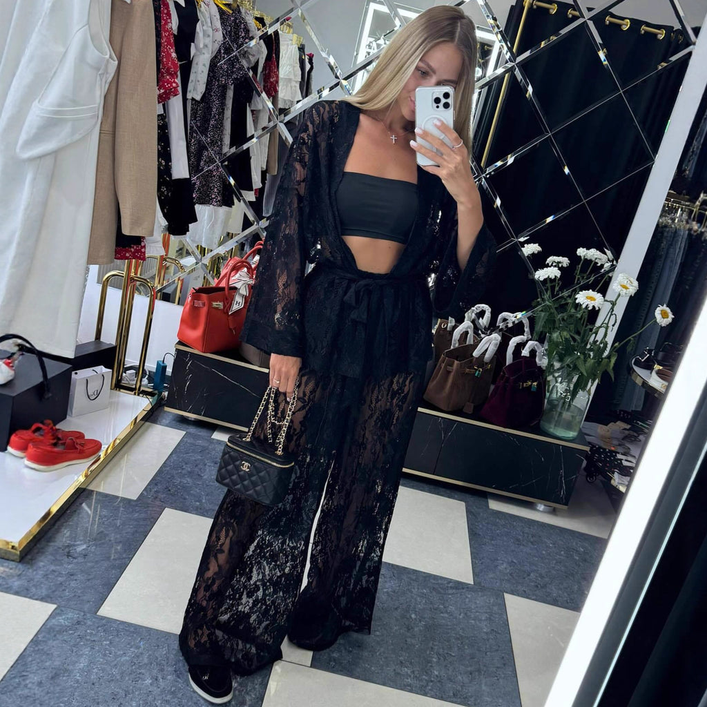 Cross-border European and American sexy lace cardigan shirt trousers  women's clothing solid color hollow fashion new two-piece set women