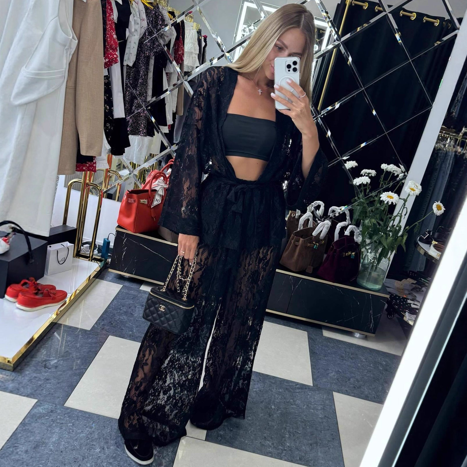 Cross-border European and American sexy lace cardigan shirt trousers  women's clothing solid color hollow fashion new two-piece set women