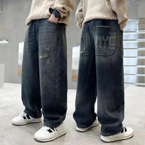 Boys' spring/autumn new arrivals : denim pants for older boys, casual straight-leg wide-leg trousers, loose and stylish for spring and autumn