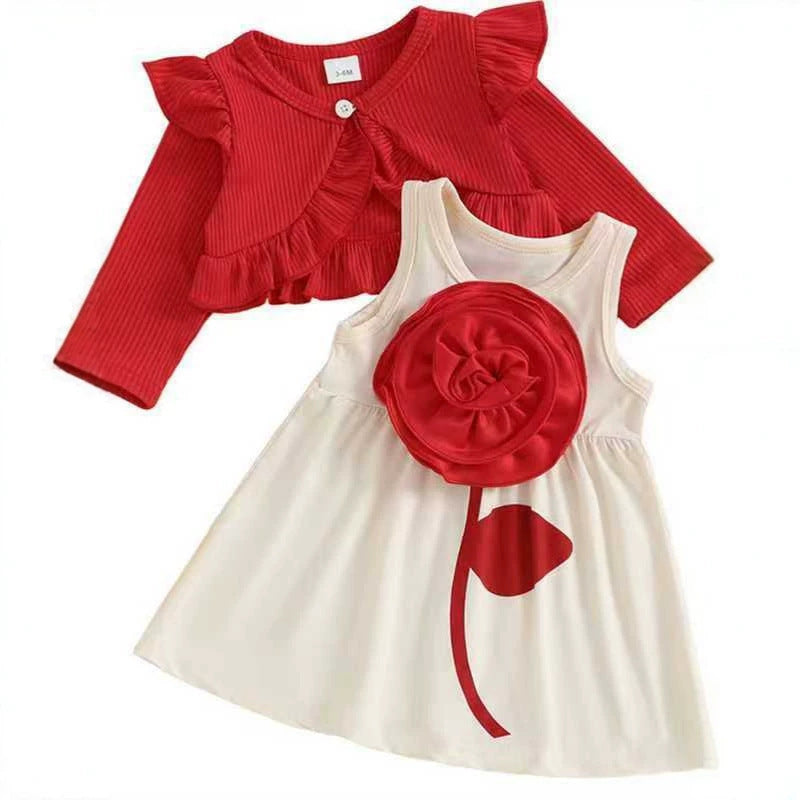 Girls' cute floral dress ribbed cardigan set