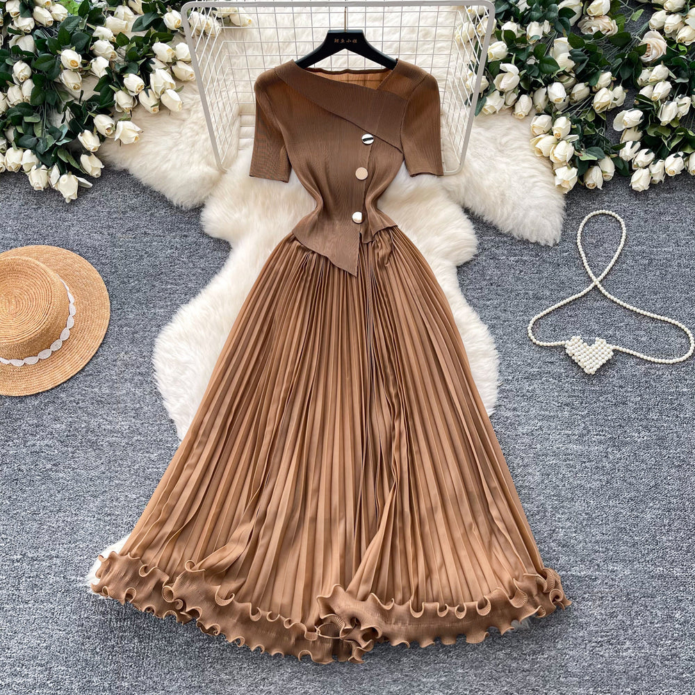 Accessible luxury classyelegance oblique collar elegantdress women's summerwork clothing style waist slimming lookpleated long skirt light mature style