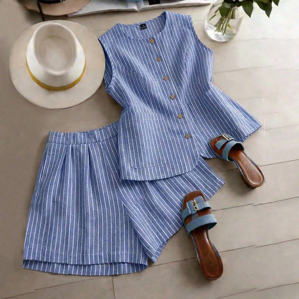 fashion  summer new striped sleeveless top + shorts set - commute & casual two-piece outfit