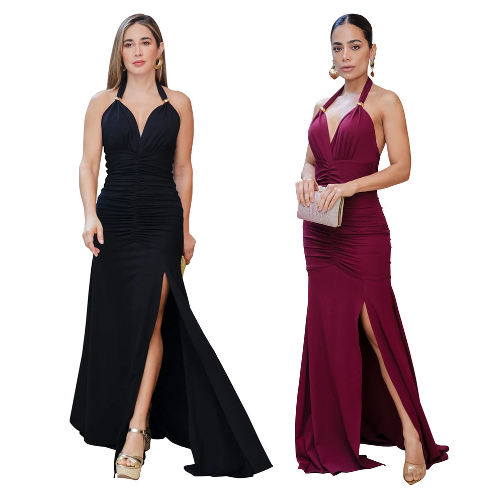 C7552 cross-border   fashion women's elegant solid color sexy v-neck slit dress