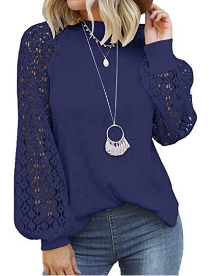 fashionexport cross-border new arrival  independent station round neck long sleeves lacepatchworkloosetops women